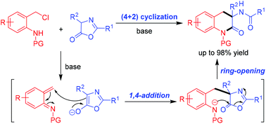 Graphical abstract: (4 + 2) cyclization of aza-o-quinone methides with azlactones: construction of biologically important dihydroquinolinone frameworks