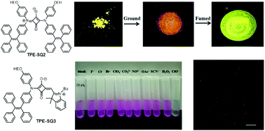 Graphical abstract: Squaraine-based AIEgens for reversible mechanochromism, sensitive and selective hypochlorite detection and photostable far-red fluorescence cell imaging