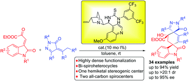 Graphical abstract: Organo-catalyzed asymmetric cascade annulation reaction for the construction of bi-spirocyclic pyrazolone and oxindole derivatives