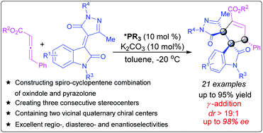 Graphical abstract: Construction of spirooxindole-fused spiropyrazolones containing contiguous three stereogenic centres via [3 + 2] annulation utilizing a ferrocene derived bifunctional phosphine catalyst