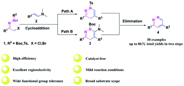 Graphical abstract: Regioselective construction of pyridazine and tetrahydrocinnoline derivatives via [4 + 2] cycloaddition–elimination with α-halogeno hydrazones and enaminones