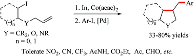 Graphical abstract: Indium-mediated difunctionalization of iodoalkyl-tethered unactivated alkenes via an intramolecular cyclization and an ensuing palladium-catalyzed cross-coupling reaction with aryl halides