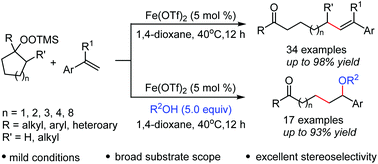 Graphical abstract: Iron catalyzed ketoalkylation and ketoalkylation/etherification of styrenes initiated by selective C–C bond cleavage