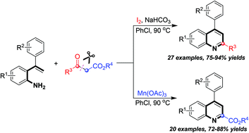 Graphical abstract: Synthesis of polysubstituted quinolines through promoter-regulated selective annulation and C–C bond cleavage from 2-styrylanilines and β-keto esters