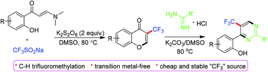 Graphical abstract: Transition metal-free synthesis of 3-trifluoromethyl chromones via tandem C–H trifluoromethylation and chromone annulation of enaminones