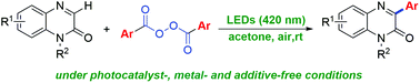 Graphical abstract: Photocatalyst-, metal- and additive-free, direct C–H arylation of quinoxalin-2(1H)-ones with aryl acyl peroxides induced by visible light