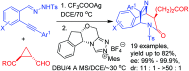 Graphical abstract: Construction of enantiopure imine bridged benzo[c]azepinones by a silver(i) and chiral N-heterocyclic carbene multicatalytic reaction sequence of N′-(2-alkynylbenzylidene)hydrazides and cyclopropanecarbaldehydes