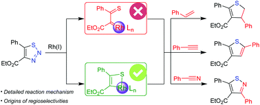 Graphical abstract: Mechanistic insights into the Rh(i)-catalyzed transannulation of 1,2,3-thiadiazoles with alkenes, alkynes, and nitriles: Does the intermediacy of α-thiavinyl Rh-carbenoids play an important role?