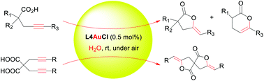 Graphical abstract: A PEGylated N-heterocyclic carbene-gold(i) complex: an efficient catalyst for cyclization reaction in water