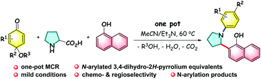 Graphical abstract: One-pot three-component reaction of p-quinone monoacetals, l-proline and naphthols to afford N-aryl-2-arylpyrrolidines