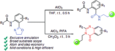 Graphical abstract: Switchable and efficient conversion of 2-amido-aryl oxazolines to quinazolin-4(3H)-ones and N-(2-chloroethyl)benzamides