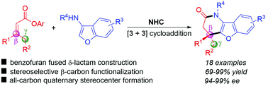 Graphical abstract: N-Heterocyclic carbene catalyzed asymmetric [3 + 3] cycloaddtion of β,β-disubstituted, α,β-unsaturated carboxylic esters with 3-aminobenzofurans