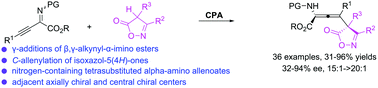 Graphical abstract: Organocatalytic regio-, diastereo- and enantioselective γ-additions of isoxazol-5(4H)-ones to β,γ-alkynyl-α-imino esters for the synthesis of axially chiral tetrasubstituted α-amino allenoates