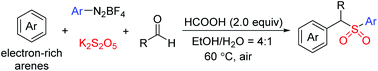 Graphical abstract: A multi-component reaction of electron-rich arenes, potassium metabisulfite, aldehydes and aryldiazonium tetrafluoroborates