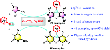 Graphical abstract: Copper-catalyzed aerobic oxidative domino cyclization of methyl azaarenes with 6-amino-pyrimidine-2,4-diones and pyrazol-5-amines: access to dipyrimidine/dipyrazolo-fused pyridines