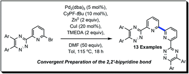 Graphical abstract: Convergent access to bis-1,2,4-triazinyl-2,2′-bipyridines (BTBPs) and 2,2′-bipyridines via a Pd-catalyzed Ullman-type reaction