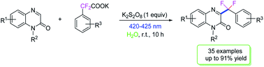 Graphical abstract: Photoinitiated decarboxylative C3-difluoroarylmethylation of quinoxalin-2(1H)-ones with potassium 2,2-difluoro-2-arylacetates in water