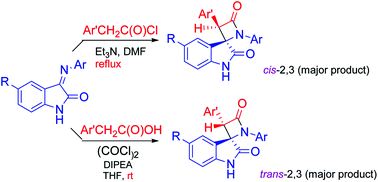Graphical abstract: Synthesis of 1,3-diaryl-spiro[azetidine-2,3′-indoline]-2′,4-diones via the Staudinger reaction: cis- or trans-diastereoselectivity with different addition modes