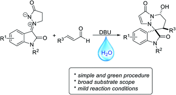 Graphical abstract: 1,3-Dipolar cycloaddition of isatin N,N′-cyclic azomethine imines with α,β-unsaturated aldehydes catalyzed by DBU in water