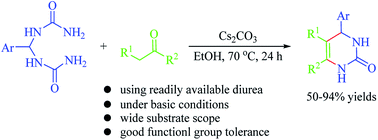 Graphical abstract: An efficient synthesis of 4,5-diaryl-3,4-dihydropyrimidin-2(1H)-one via a cesium carbonate-promoted direct condensation of 1-aryl-2-propanone with 1,1′-(arylmethylene)diurea