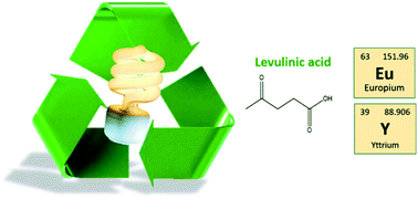 Graphical abstract: Recovery of yttrium and europium from spent fluorescent lamps using pure levulinic acid and the deep eutectic solvent levulinic acid–choline chloride