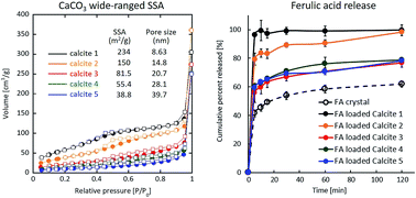 Graphical abstract: Water-assisted synthesis of mesoporous calcium carbonate with a controlled specific surface area and its potential to ferulic acid release