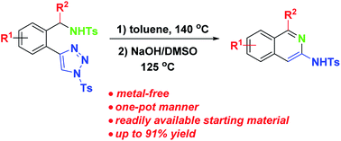 Graphical abstract: A facile metal-free one-pot synthesis of 3-aminoisoquinolines by intramolecular transannulation of 1-sulfonyl-4-(2-aminomethylphenyl)-1,2,3-triazoles