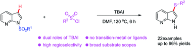 Graphical abstract: Regioselective C–H sulfenylation of N-sulfonyl protected 7-azaindoles promoted by TBAI: a rapid synthesis of 3-thio-7-azaindoles