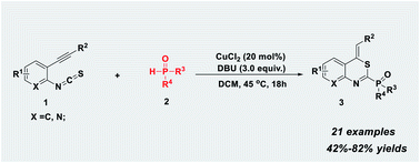 Graphical abstract: Copper(ii)-catalyzed tandem cyclization for the synthesis of benzo[d][1,3]thiazin-2-yl phosphonates involving C–P and C–S bond formation