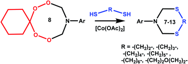 Graphical abstract: Catalyzed ring transformation of cyclic N-aryl-azadiperoxides with participation of α,ω-dithiols