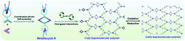 Graphical abstract: Hierarchical self-assembly of discrete bis-[2]pseudorotaxane metallacycle with bis-pillar[5]arene via host–guest interactions and their redox-responsive behaviors