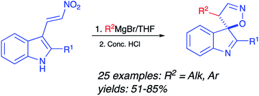 Graphical abstract: Preparation of spiro[indole-3,5′-isoxazoles] via Grignard conjugate addition/spirocyclization sequence