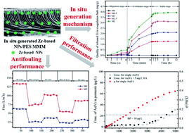 Graphical abstract: Evaluation of the formation and antifouling properties of a novel adsorptive homogeneous mixed matrix membrane with in situ generated Zr-based nanoparticles