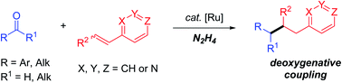 Graphical abstract: Ruthenium catalyzed β-selective alkylation of vinylpyridines with aldehydes/ketones via N2H4 mediated deoxygenative couplings