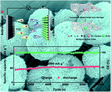 Graphical abstract: Realizing the synergy of Sn cluster incorporation and nitrogen doping for a carbonaceous hierarchical nanosheet-assembly enables superior universal alkali metal ion storage performance with multiple active sites