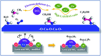 Graphical abstract: Lewis acid (Ni2+, Co2+/3+ or Zn2+) modified electron-deficient Ir4+ in IrO2/CuO for promoting methane oxidation to ethanol and methanol