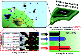 Graphical abstract: Ni-based bimetallic nano-catalysts anchored on BaZr0.4Ce0.4Y0.1Yb0.1O3−δ for internal steam reforming of methane in a low-temperature proton-conducting ceramic fuel cell