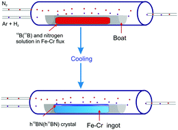 Graphical abstract: Single crystal growth of monoisotopic hexagonal boron nitride from a Fe–Cr flux