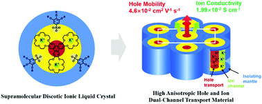 Graphical abstract: Ion and hole dual-channel transport columnar mesomorphic organic electronic materials with high anisotropic conductivities based on supramolecular discotic ionic liquid crystals