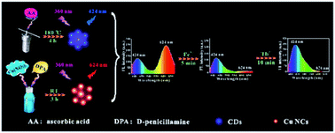 Graphical abstract: Synthesis of bifunctional fluorescent nanohybrids of carbon dots–copper nanoclusters via a facile method for Fe3+ and Tb3+ ratiometric detection