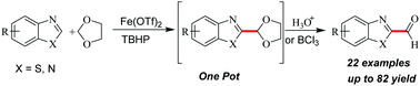 Graphical abstract: Iron-catalyzed tandem oxidative coupling and acetal hydrolysis reaction to prepare formylated benzothiazoles and isoquinolines