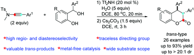 Graphical abstract: Regio- and diastereoselective synthesis of trans-3,4-diaryldihydrocoumarins via metal-free [4+2] annulation of ynamides with o-hydroxybenzyl alcohols