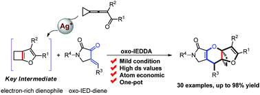 Graphical abstract: A silver-catalyzed domino inverse electron-demand oxo-Diels–Alder reaction of 3-cyclopropylideneprop-2-en-1-ones with 2,3-dioxopyrrolidines via cyclobutane-fused furan