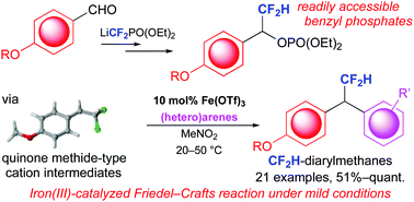 Graphical abstract: Synthesis of difluoromethylated diarylmethanes via Fe(OTf)3-catalyzed Friedel–Crafts reaction of 2,2-difluoro-1-arylethyl phosphates