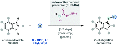 Graphical abstract: N-Hydroxyphthalimidyl diazoacetate (NHPI-DA): a modular methylene linchpin for the C–H alkylation of indoles