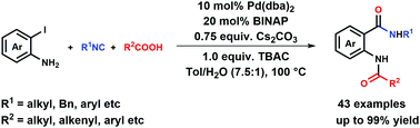Graphical abstract: Palladium-catalyzed Ugi-type reaction of 2-iodoanilines with isocyanides and carboxylic acids affording N-acyl anthranilamides