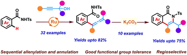 Graphical abstract: Ru(ii)-catalyzed allenylation and sequential annulation of N-tosylbenzamides with propargyl alcohols