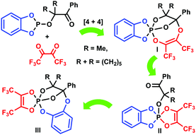 Graphical abstract: The formation of cage phosphoranes and their rearrangements in the reactions of substituted 2-(3-oxo-3-phenyl)ethoxybenzo[d]-1,3,2-dioxaphospholes with perfluorodiacetyl