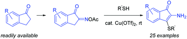 Graphical abstract: Cu-catalyzed coupling of indanone oxime acetates with thiols to 2,3-difunctionalized indenones