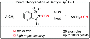 Graphical abstract: AIBN-initiated direct thiocyanation of benzylic sp3 C–H with N-thiocyanatosaccharin